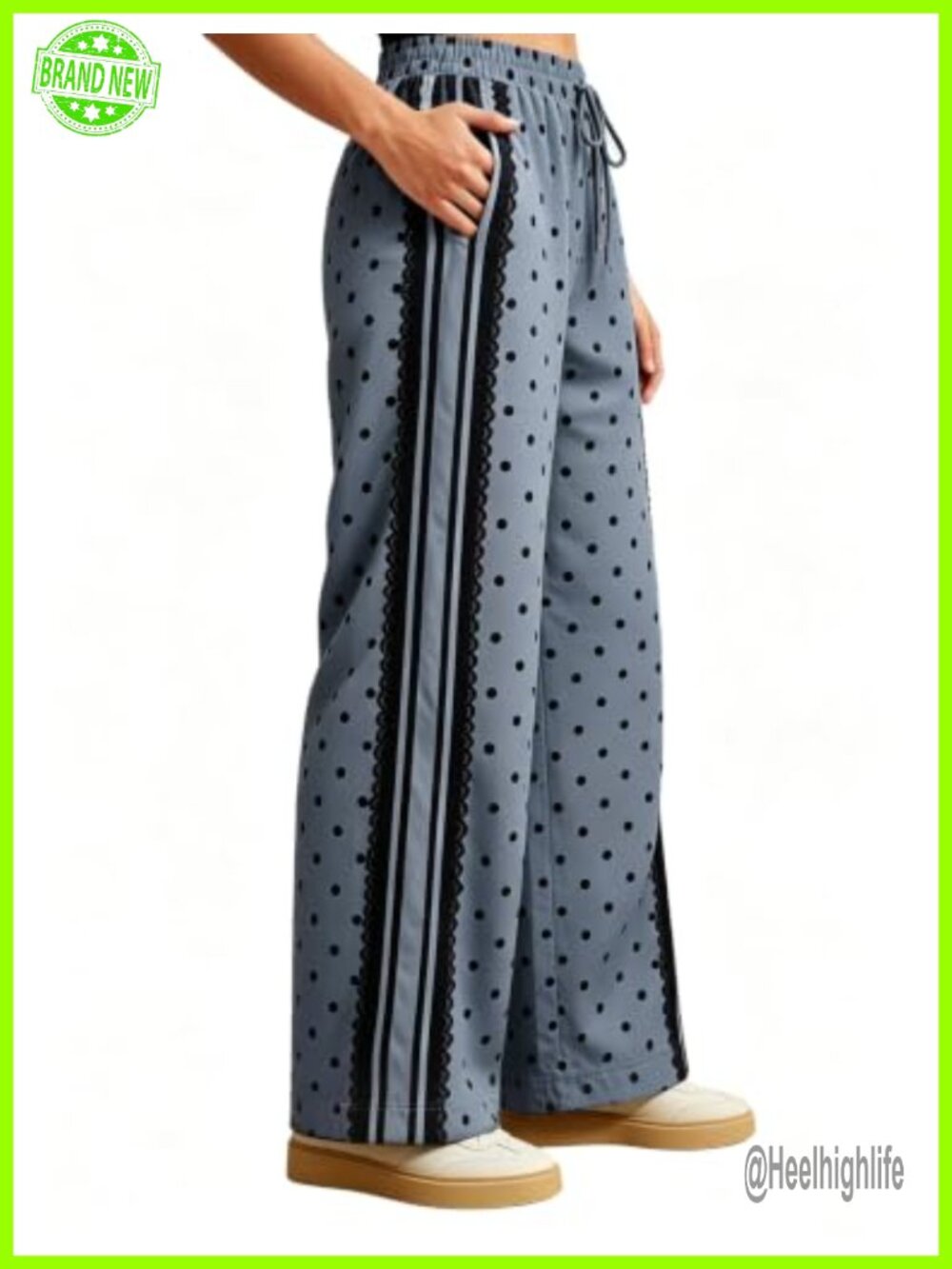 Wide Leg Polka Dot Lace Striped High Waisted Track Pants with Pockets Work